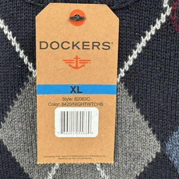 Dockers Argyle Diamond Pattern Crew Neck Sweater Mens XL 100% Cotton Navy Blue - Picture 4 of 7